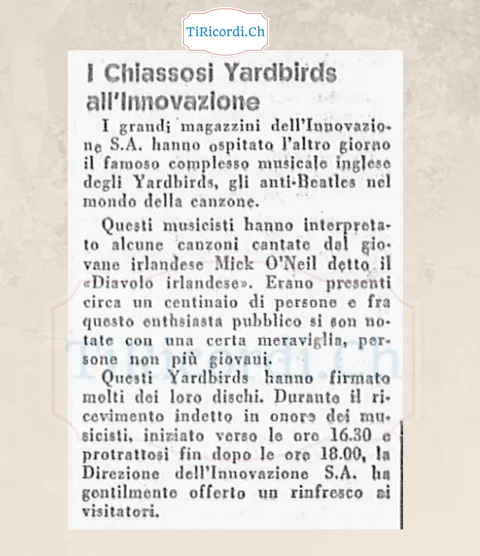 I chiassosi Yardbirds all'Innovazione: i grandi magazzini hanno ospitato il famoso complesso musicale inglese, gli anti-Beatles nel mondo della canzone, con circa un centinaio di persone presenti, 1964