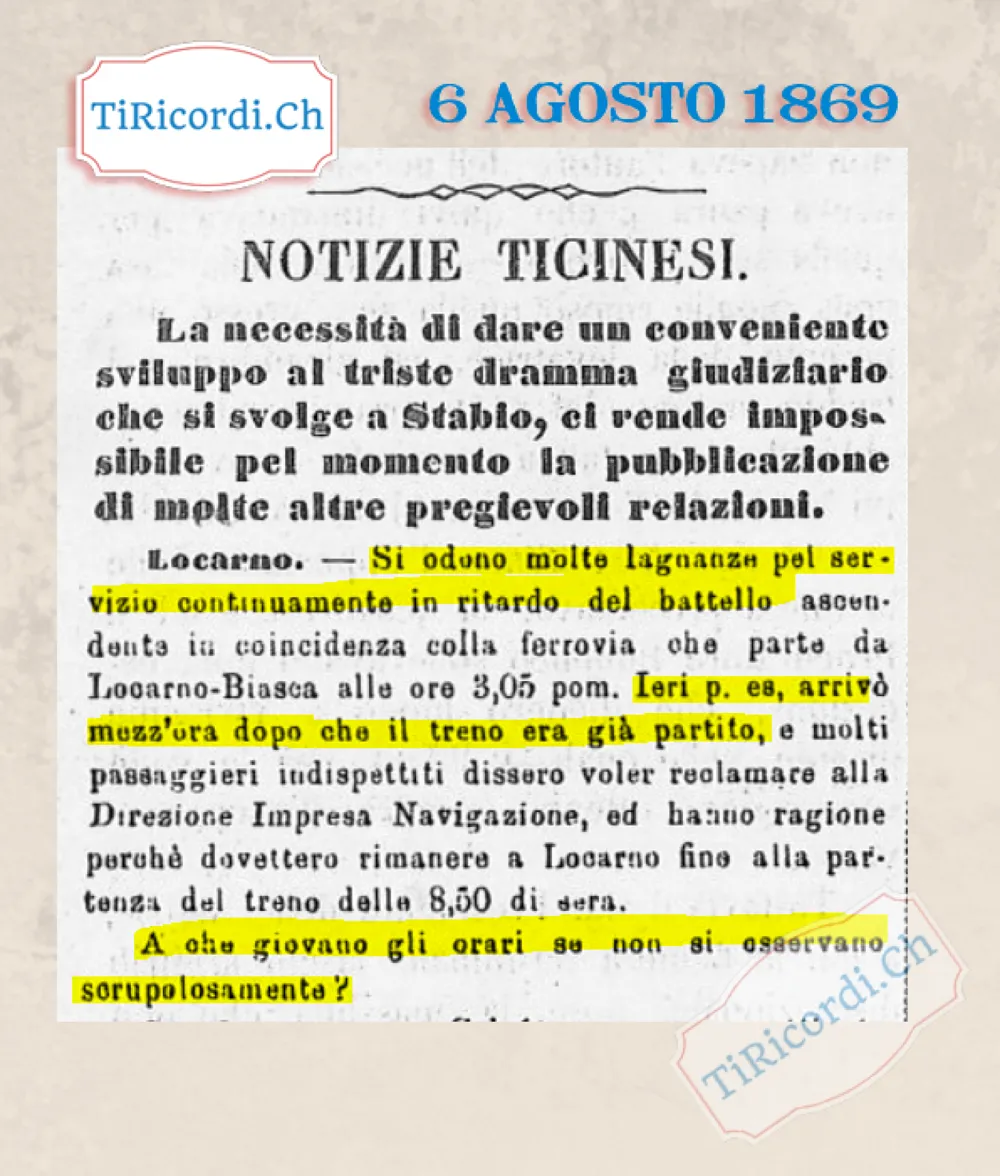 Battello in ritardo, treno perso: proteste a Locarno, 1869