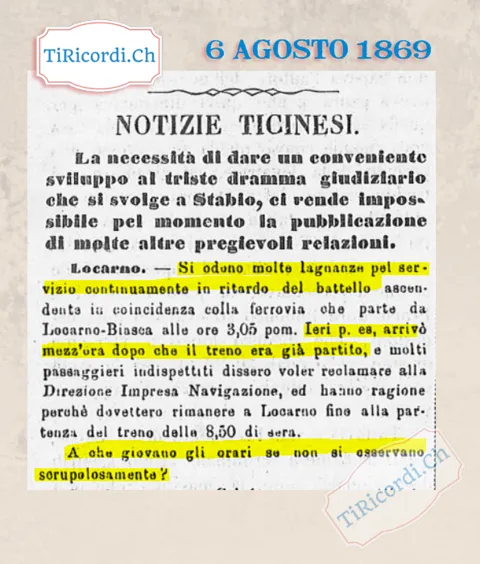 Battello in ritardo, treno perso: proteste a Locarno, 1869