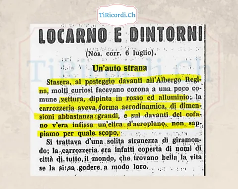 Un'auto strana al posteggio davanti all'Albergo Regina: dipinta in rosso e alluminio, carrozzeria aerodinamica e un'elica d'aeroplano infissa sul cofano, non sappiamo per quale scopo, 1938