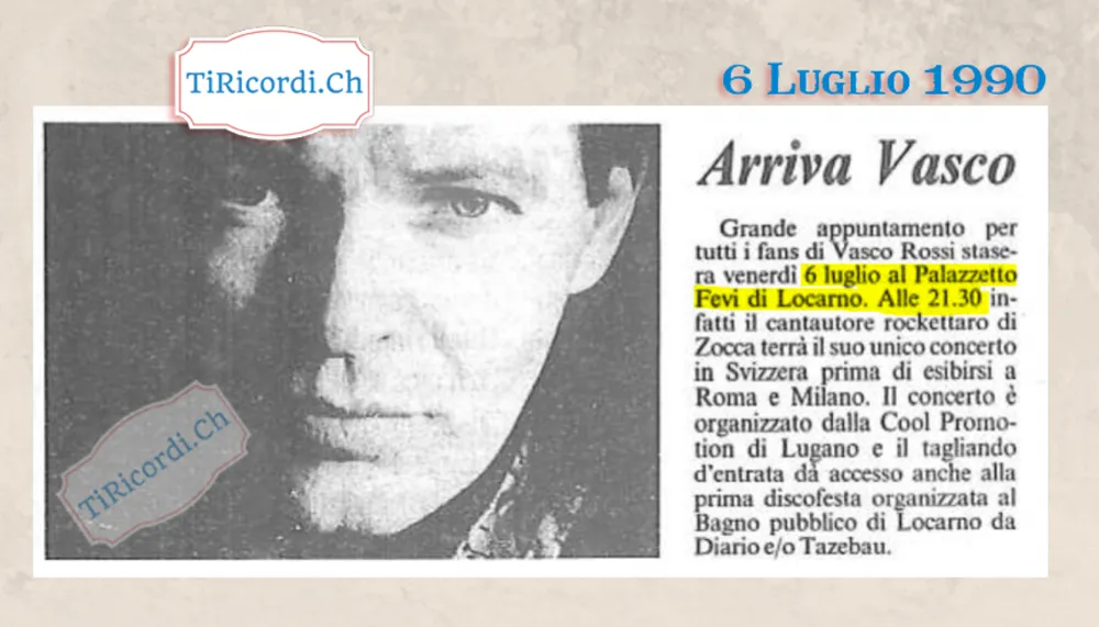 Arriva Vasco: unico concerto in Svizzera al Palazzetto Fevi di Locarno, luglio 1990