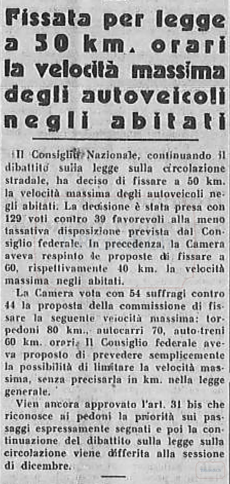Fissata per legge a 50 km/h la velocità massima degli autoveicoli negli abitati, 1956
