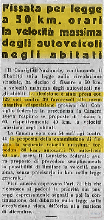 Fissata per legge a 50 km/h la velocità massima degli autoveicoli negli abitati, 1956