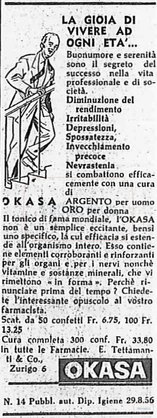 Tonico Okasa per combattere l'invecchiamento precoce e la nevrastenia, con prezzi al dettaglio, 1956