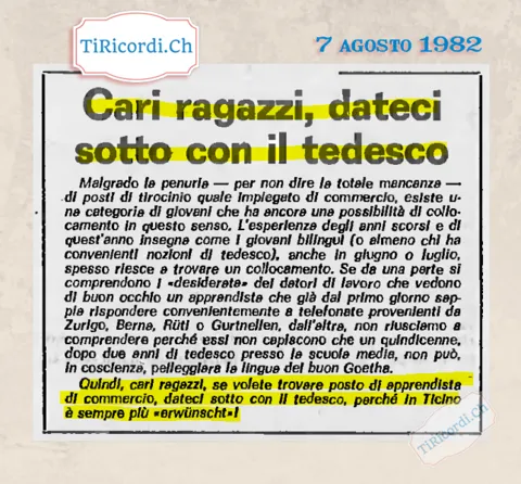 Cari ragazzi, dateci sotto con il tedesco: chi lo parla trova posto di apprendista di commercio, agosto 1982