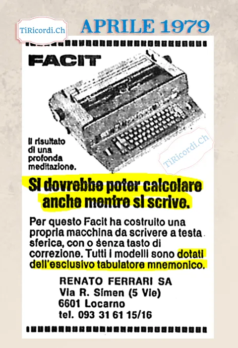 Si dovrebbe poter calcolare anche mentre si scrive: per questo Facit ha costruito una macchina da scrivere a testa sferica dotata dell'esclusivo tabulatore mnemonico, 1979