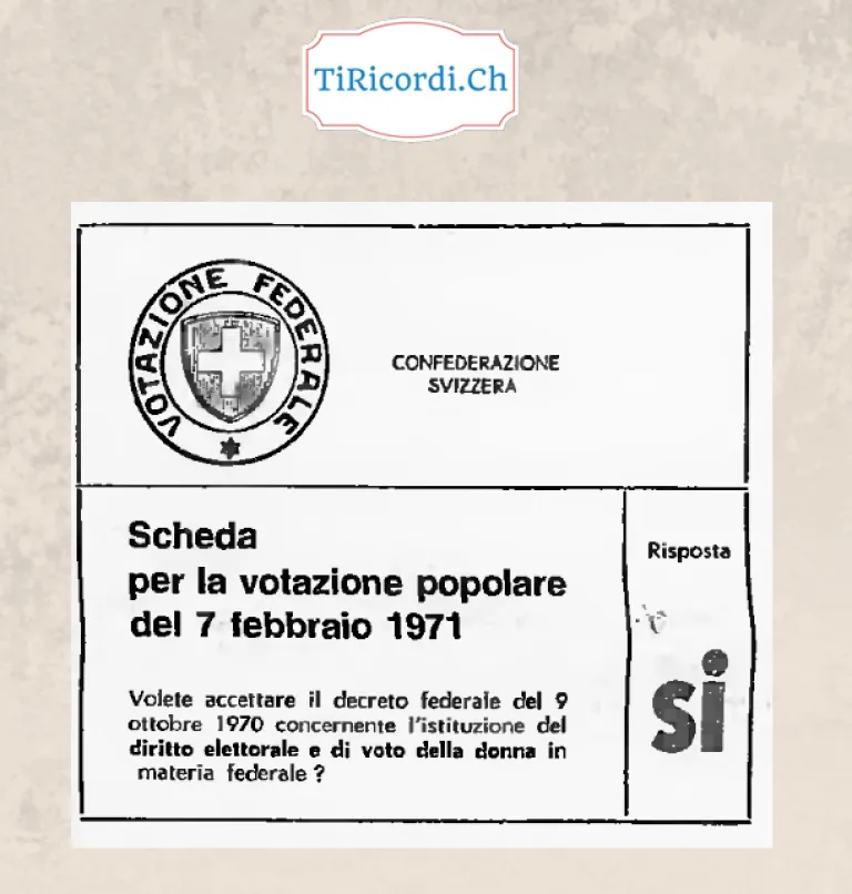 Scheda per la votazione popolare del 7 febbraio 1971: volete accettare il decreto federale concernente l'istituzione del diritto elettorale e di voto della donna in materia federale? Risposta: sì, 1971