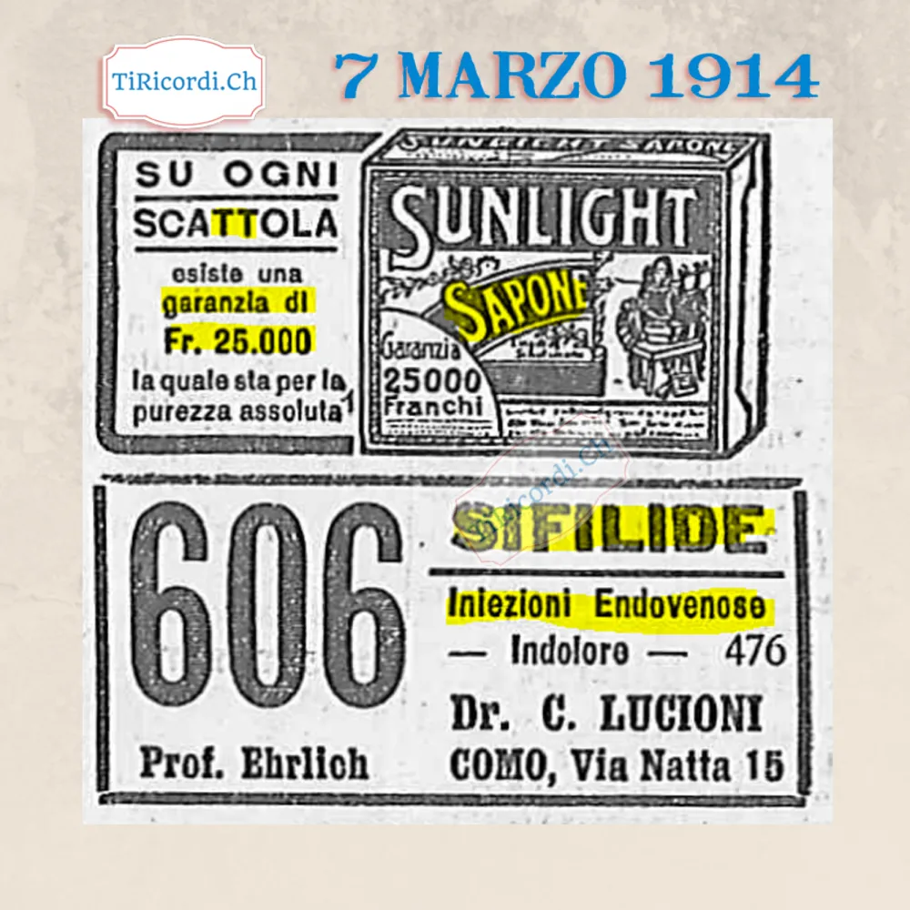 Sapone Sunlight con garanzia di 25 000 franchi di purezza, e il 606 del professor Ehrlich contro la sifilide dal dottor Lucioni di Como, 1914