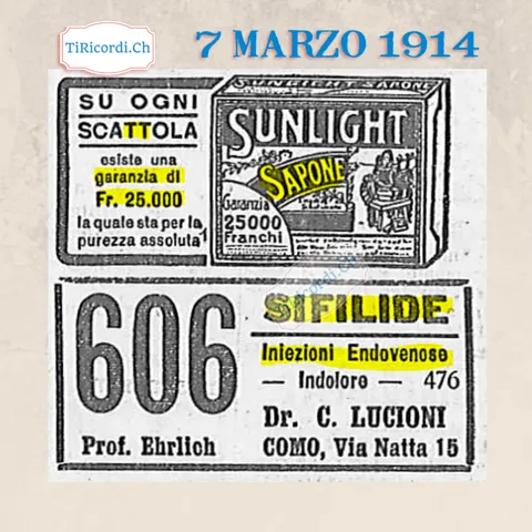 Sapone Sunlight con garanzia di 25 000 franchi di purezza, e il 606 del professor Ehrlich contro la sifilide dal dottor Lucioni di Como, 1914