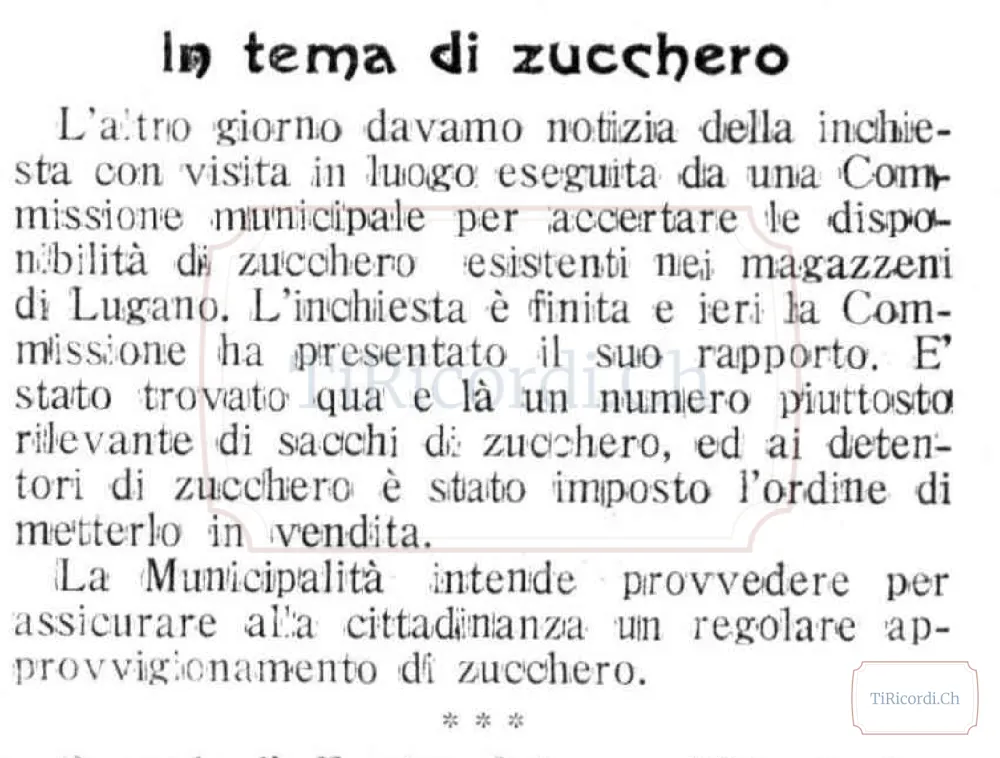 Controllo municipale sulle scorte di zucchero e ordine di vendita a Lugano, 1916