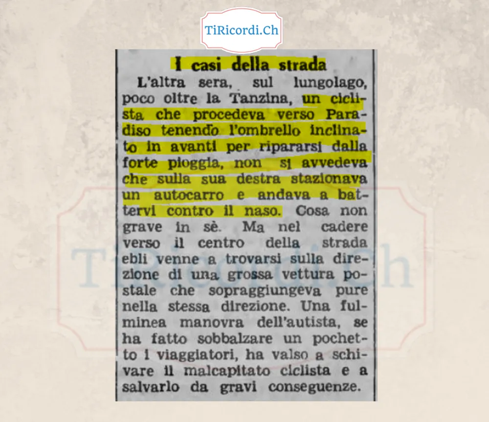 I casi della strada: un ciclista che teneva l'ombrello inclinato in avanti per ripararsi dalla pioggia va a battere il naso contro un autocarro fermo, e finisce davanti alla vettura postale, 1948