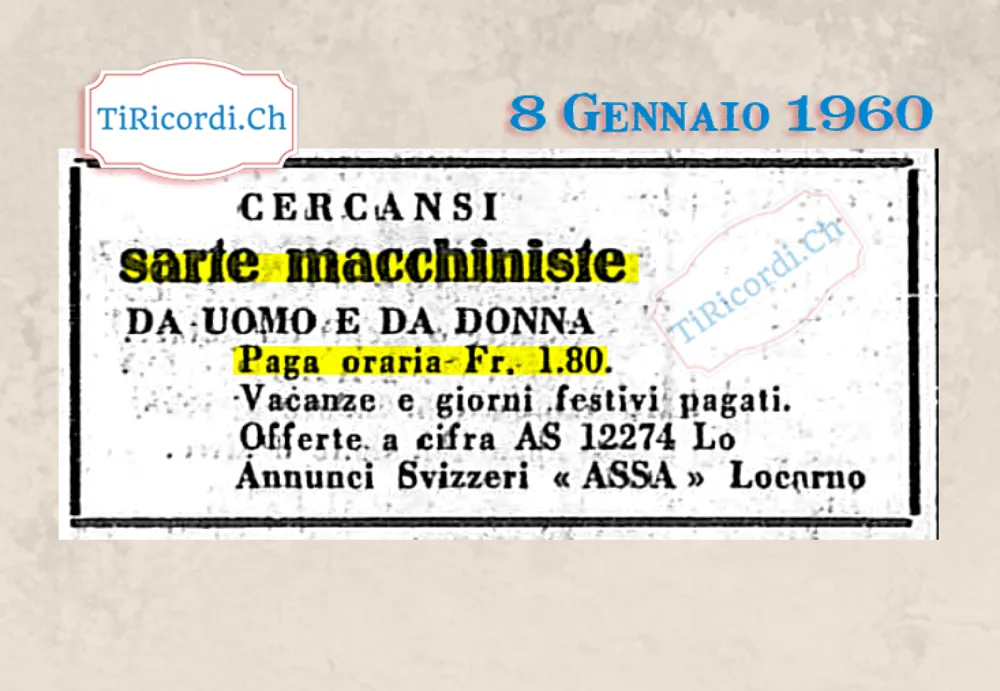 Cercansi sarte macchiniste da uomo e da donna: paga oraria 1,80 franchi, vacanze e giorni festivi pagati, 1960