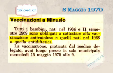 Vaccinazioni a Minusio: tutti i bambini nati nel 1964 e nel secondo semestre 1969 sono obbligati a sottostare alla vaccinazione antivaiolosa, e quelli nati nel 1968 a quella antidifterica, 1970