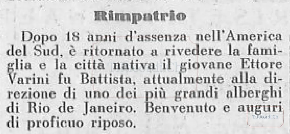 Ritorno a casa dopo 18 anni in Sud America: Ettore Varini rivede la famiglia, 1936