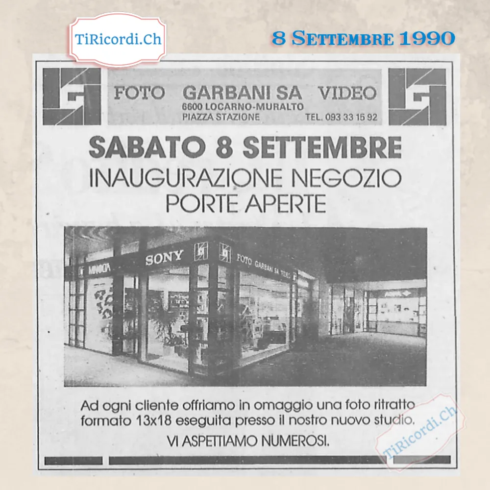 Inaugurazione del nuovo negozio Foto Garbani SA Video in piazza Stazione, Locarno-Muralto, settembre 1990