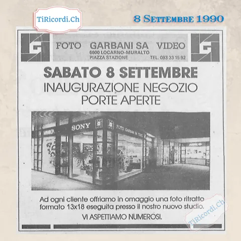 Inaugurazione del nuovo negozio Foto Garbani SA Video in piazza Stazione, Locarno-Muralto, settembre 1990