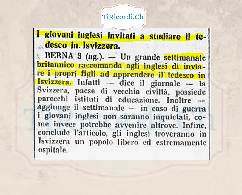 I giovani inglesi invitati a studiare il tedesco in Svizzera: in caso di guerra non saranno inquietati, come invece potrebbe avvenire altrove, 1938