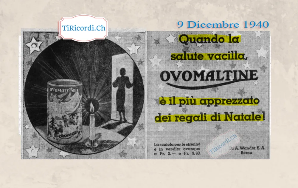 Quando la salute vacilla, Ovomaltine è il più apprezzato dei regali di Natale: la scatola per le sirene è in vendita ovunque a 2 e 3,60 franchi, 1940