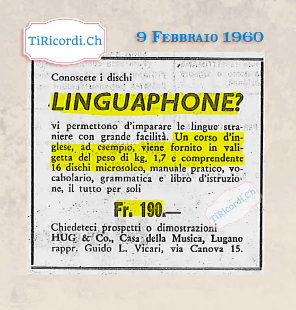 Conoscete i dischi Linguaphone? Un corso d'inglese in valigetta da 1,7 chili con 16 dischi microsolco, manuale, vocabolario e grammatica, il tutto per soli 190 franchi, 1960