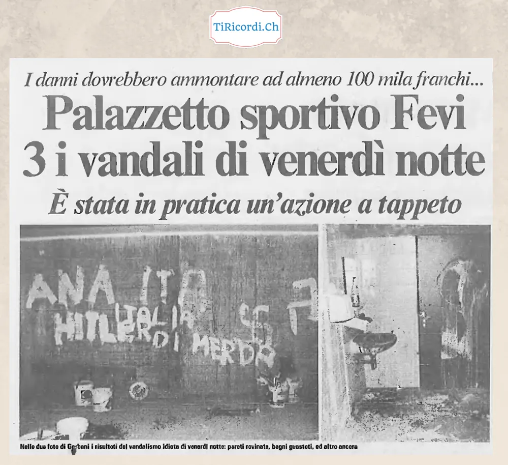 Palazzetto sportivo Fevi, tre i vandali di venerdi notte: danni per almeno 100 mila franchi, febbraio 1988