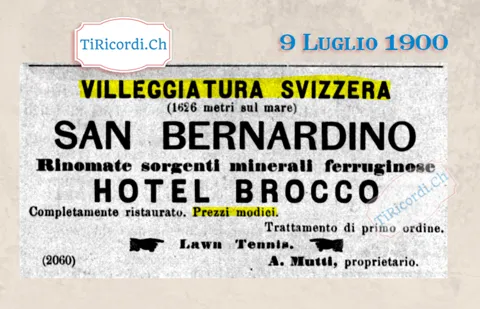 Villeggiatura svizzera a San Bernardino, 1626 metri: Hotel Brocco con lawn tennis e sorgenti ferruginose, 1900