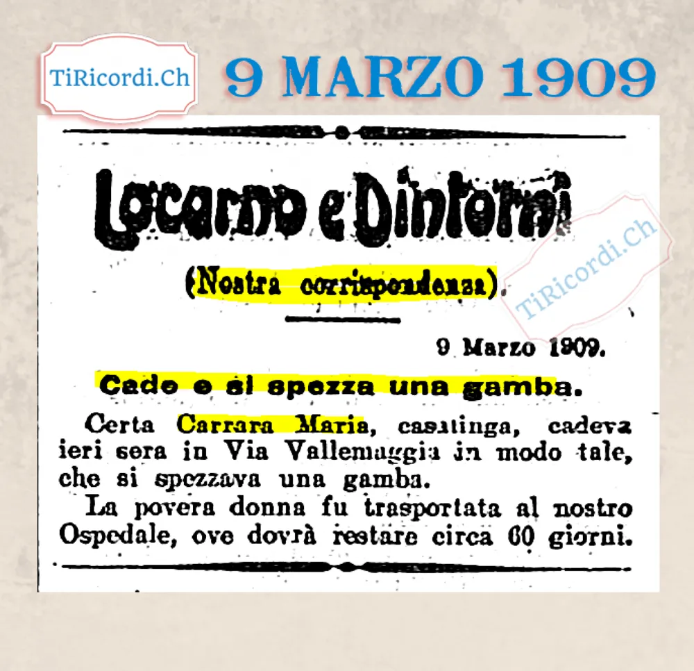 Cade e si spezza una gamba in via Vallemaggia: casalinga in ospedale per circa 60 giorni, Locarno 1909