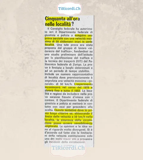 Cinquanta all'ora nelle località? Il Consiglio federale autorizza una prova parziale con velocità massima di 50 chilometri orari in certe località, dal 1979 fino a tutto il 1982