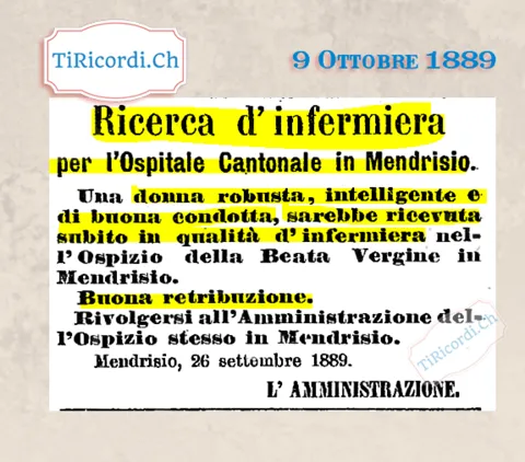 Cercasi infermiera per l'Ospedale cantonale di Mendrisio: donna robusta, intelligente e di buona condotta, 1889