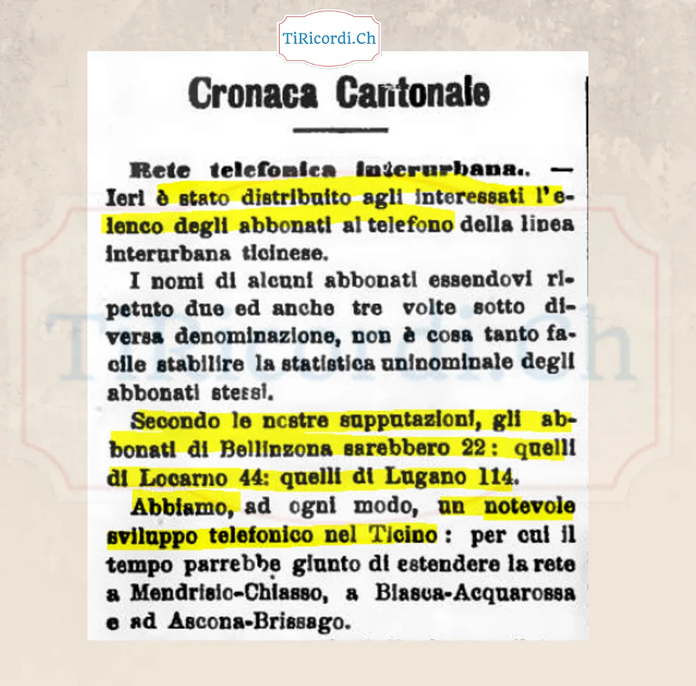 Abbonati al telefono in Ticino: Bellinzona 22, Locarno 44, Lugano 114, 1898