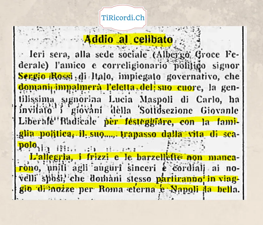 Addio al celibato all'Albergo Croce Federale: l'amico e correligionario politico Sergio Rossi ha invitato i giovani liberali radicali a festeggiare con la famiglia politica il suo trapasso dalla vita di scapolo, 1938