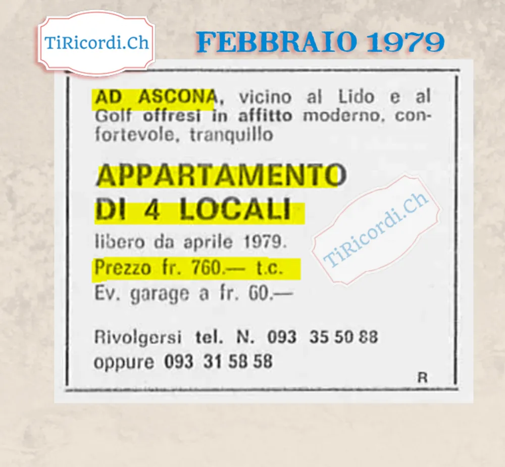 Ad Ascona, vicino al Lido e al Golf, offresi in affitto appartamento moderno di 4 locali libero da aprile: prezzo 760 franchi tutto compreso, eventuale garage a 60, 1979