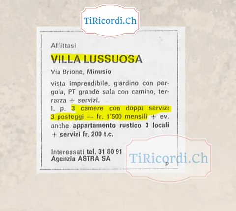 Affittasi villa lussuosa in via Brione a Minusio, vista imprendibile, giardino con pergola, grande sala con camino, 3 camere con doppi servizi e 3 posteggi: 1500 franchi mensili, 1978
