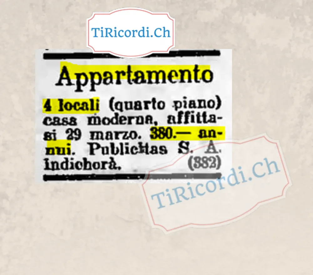 Appartamento di 4 locali al quarto piano in casa moderna, affittasi dal 29 marzo: 380 franchi annui, 1919
