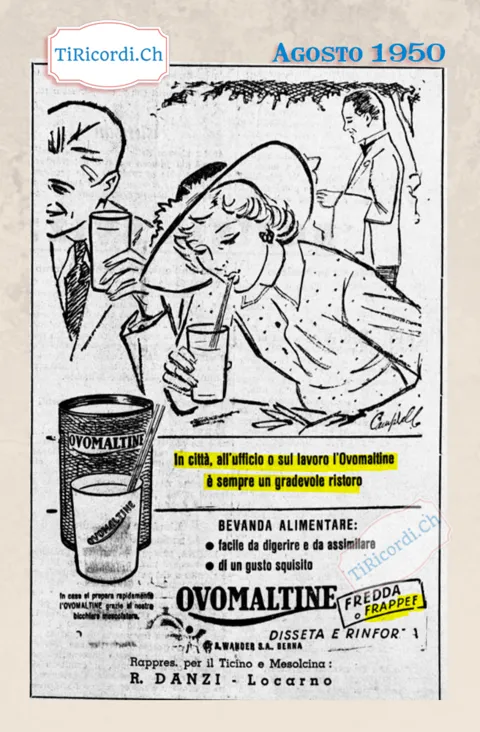In città, all'ufficio o sul lavoro l'Ovomaltine è sempre un gradevole ristoro: Ovomaltine fredda o frappé, disseta e rinforza, 1950