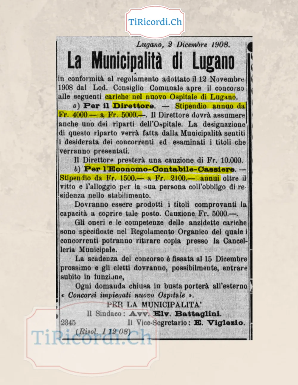 Il Municipio di Lugano cerca il direttore del nuovo Ospedale: da 4000 a 5000 franchi l'anno, cauzione 10 000, 1908