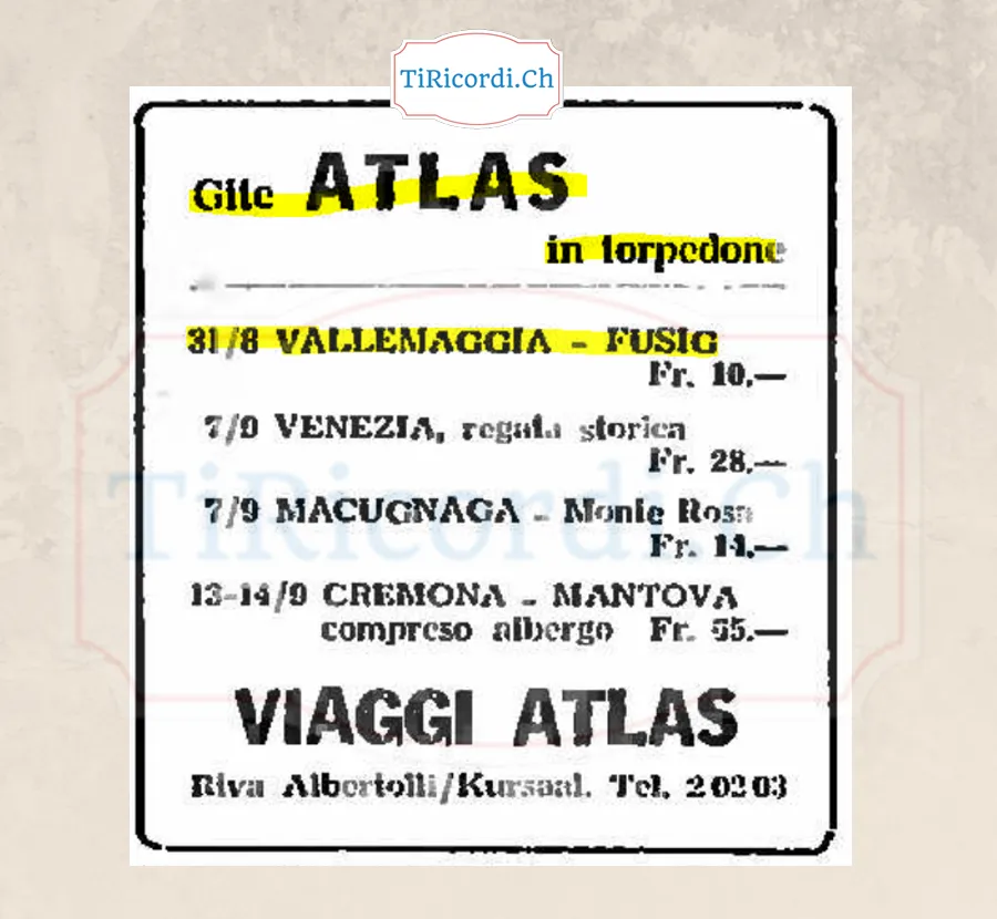 Gite Atlas in torpedone: Vallemaggia e Fusio 10 franchi, Venezia con la regata storica 28, Macugnaga e Monte Rosa 14, Cremona e Mantova con albergo 55, 1958