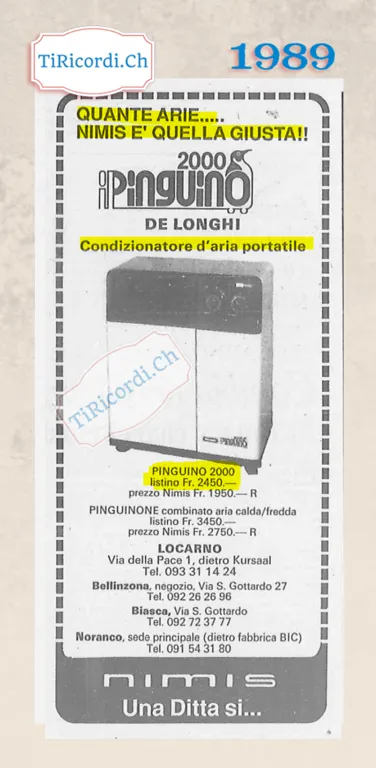 Quante arie, Nimis e quella giusta: il condizionatore portatile De Longhi Pinguino 2000 a 1950 franchi, 1989