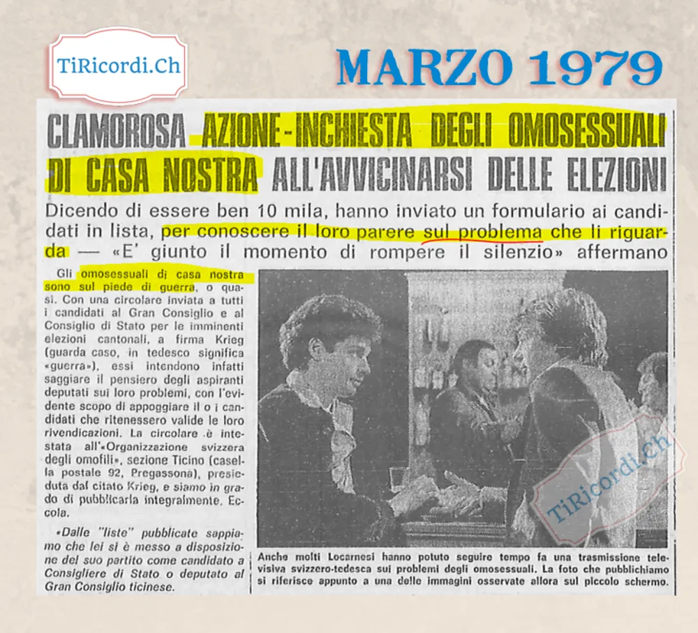 Clamorosa azione-inchiesta degli omosessuali all'avvicinarsi delle elezioni: dicendo di essere ben 10 mila, hanno inviato un formulario ai candidati per conoscere il loro parere. È giunto il momento di rompere il silenzio, 1979
