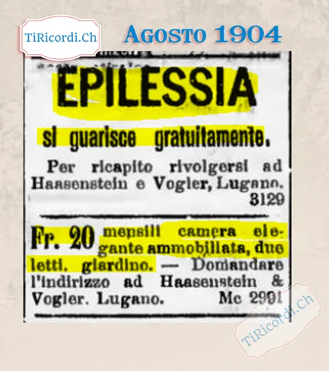 Epilessia, si guarisce gratuitamente; camera elegante ammobiliata con due letti e giardino a 20 franchi al mese, 1904