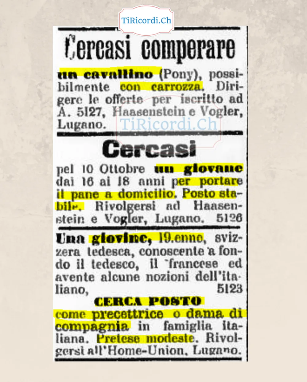 Cercasi pony con carrozza, un giovane per portare il pane, e una diciannovenne svizzero-tedesca cerca posto come dama di compagnia, 1908
