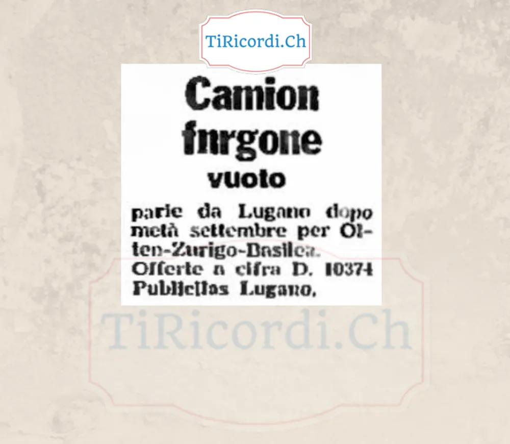 Camion furgone vuoto parte da Lugano dopo metà settembre per Olten, Zurigo e Basilea: offerte a Publicitas Lugano, 1958