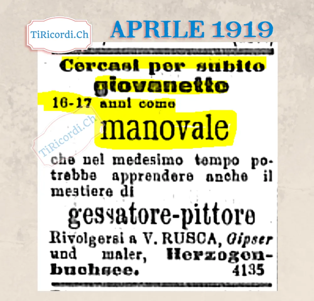 Cercasi per subito giovanetto di 16-17 anni come manovale, che potrebbe apprendere anche il mestiere di gessatore-pittore, Herzogenbuchsee 1919