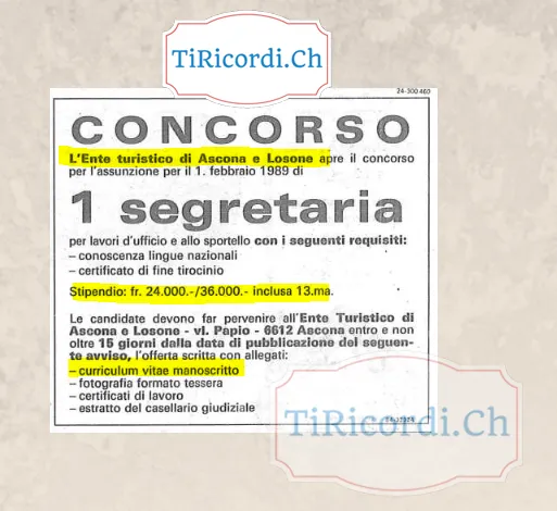 Concorso dell Ente turistico di Ascona e Losone per una segretaria, stipendio da 24 a 36 mila franchi, novembre 1988