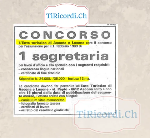 Concorso dell Ente turistico di Ascona e Losone per una segretaria, stipendio da 24 a 36 mila franchi, novembre 1988