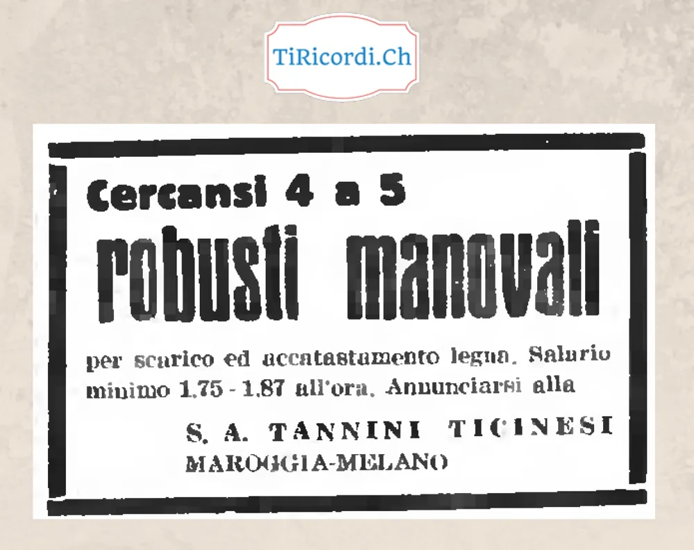 Cercansi 4 a 5 robusti manovali per scarico ed accatastamento legna, salario minimo 1,75-1,87 all'ora: S.A. Tannini Ticinesi, Maroggia-Melano, 1948