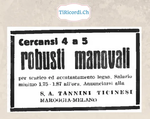 Cercansi 4 a 5 robusti manovali per scarico ed accatastamento legna, salario minimo 1,75-1,87 all'ora: S.A. Tannini Ticinesi, Maroggia-Melano, 1948