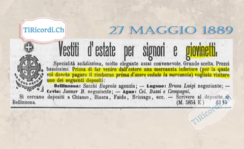 Vestiti d'estate per signori e giovinetti: prima di comprare dall'estero, visitate i depositi ticinesi, 1889