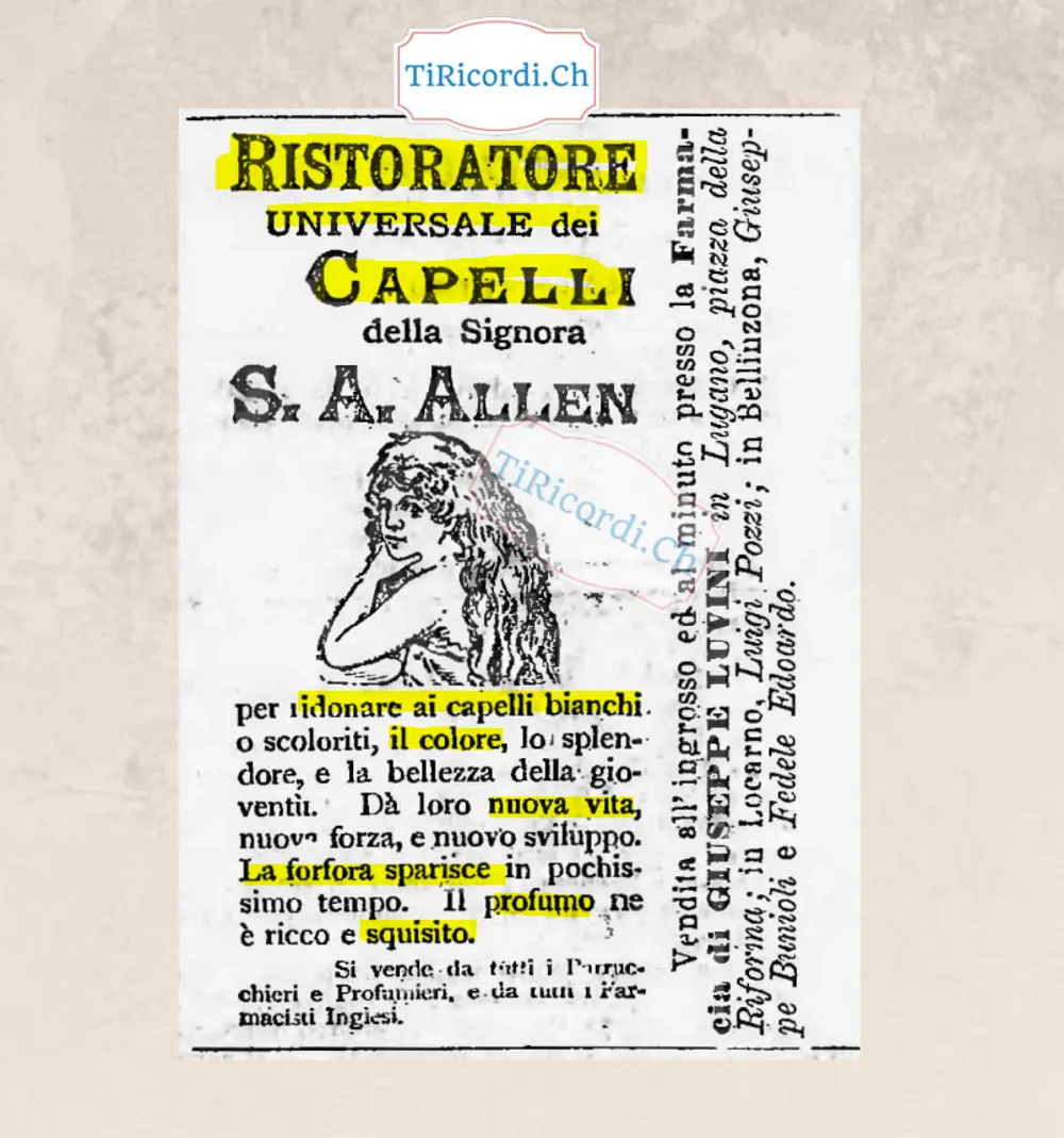 Il Ristoratore universale dei capelli della signora Allen: via il bianco, via la forfora, 1889