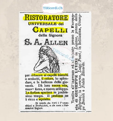 Il Ristoratore universale dei capelli della signora Allen: via il bianco, via la forfora, 1889