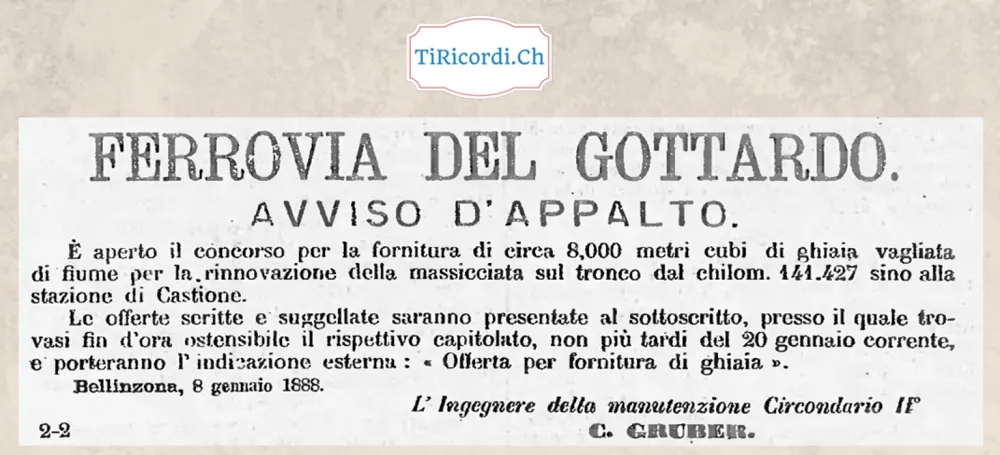 Ferrovia del Gottardo cerca 8000 metri cubi di ghiaia per Castione, 1888